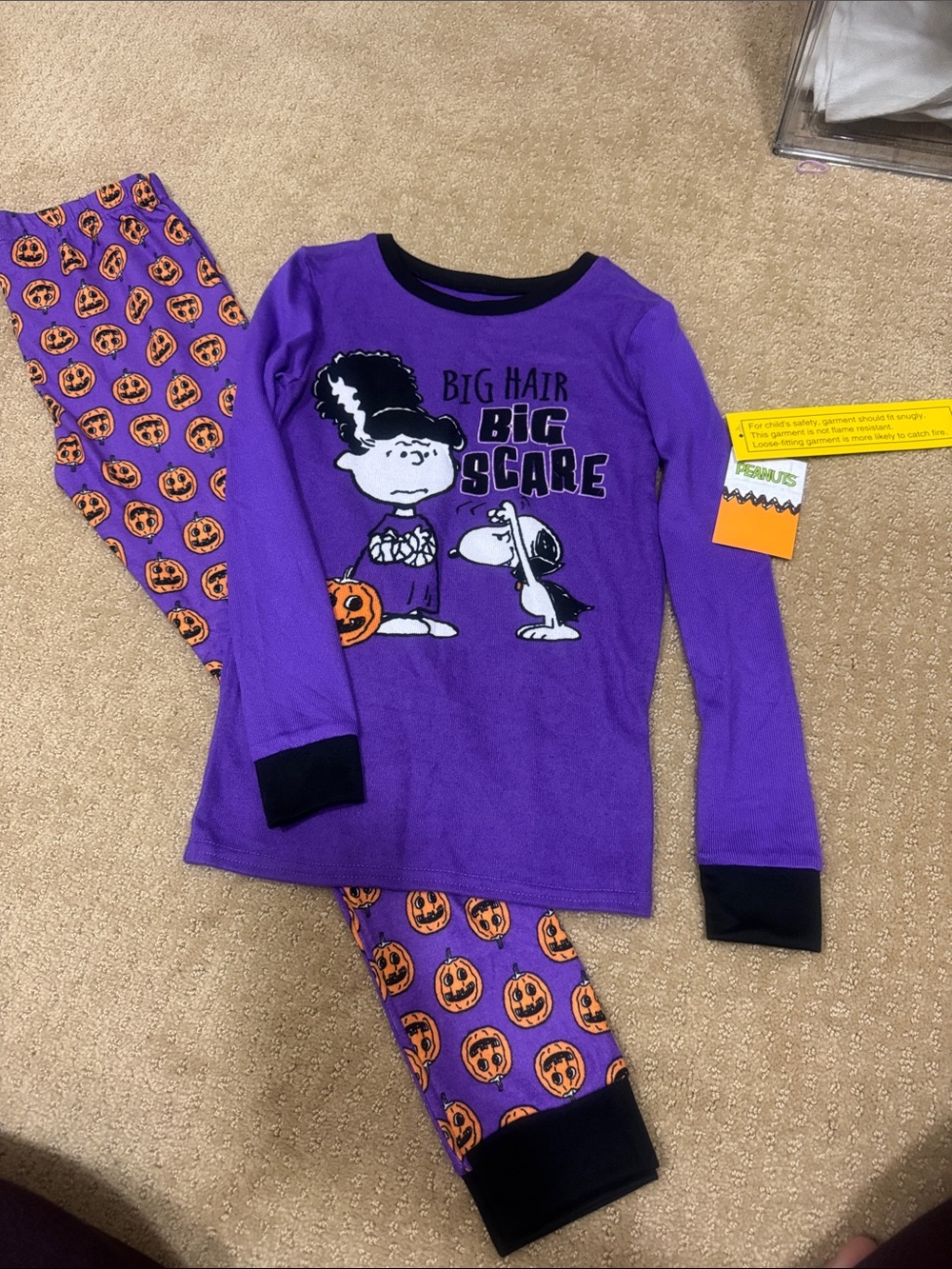 Peanuts Kids Purple and Black Halloween Pajama Set with Orange Pumpkin Print
